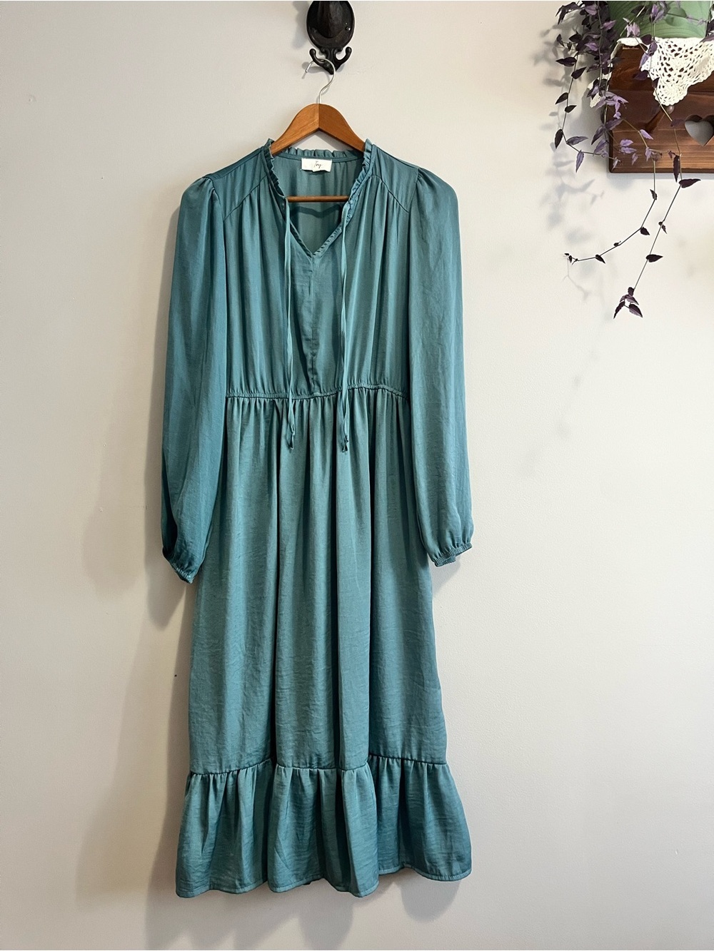 Ivy Teal Boho Long Sleeve Midi Dress Size Small Cottagecore